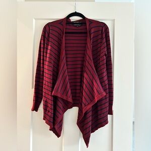 Red cardigan with navy blue stripes